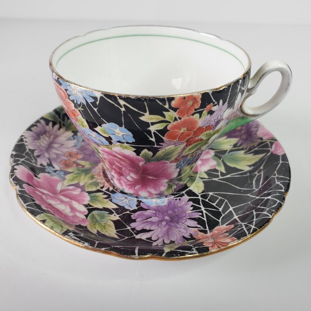 Vintage Shelley China “Black Chintz” Cup & Saucer – 1937 Registered Design